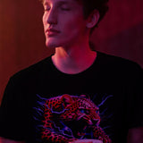 Black t-shirt featuring an electrifying leopard graphic with blue lightning bolts, front view.