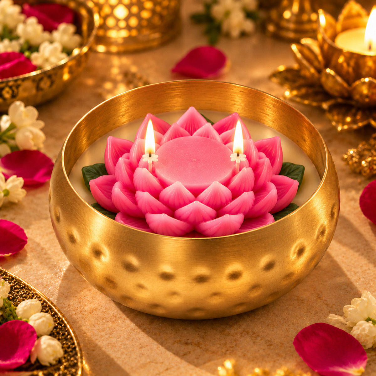 Pink Lotus Hammered Urli Candle, 120 g