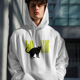 White unisex hoodie featuring a black lurk cat graphic with yellow text, front view.