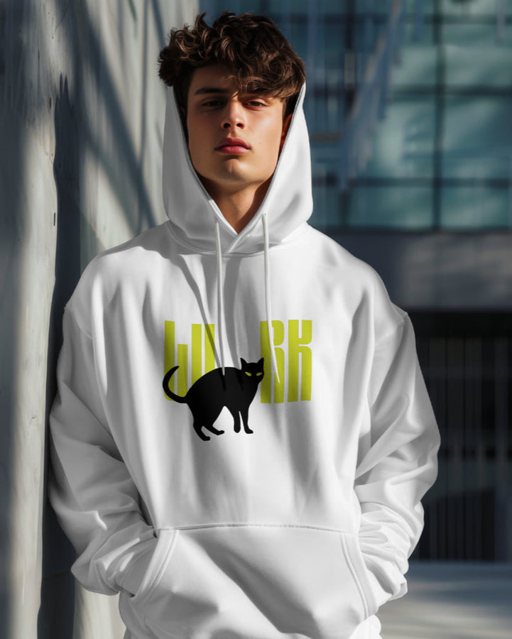 White unisex hoodie featuring a black lurk cat graphic with yellow text, front view.