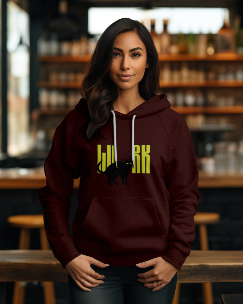 A female model wearing a 'Lurk Cat Graphical' Maroon Hoodie