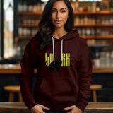 Front view of a maroon unisex hoodie featuring a black cat and the word 'LURK' in yellow.