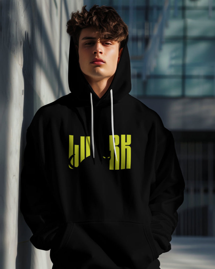 A male white model wearing a 'Lurk Cat Graphical' Black Hoodie