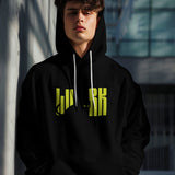 Black unisex hoodie featuring a yellow 'Lurk Cat' graphic design on the front.