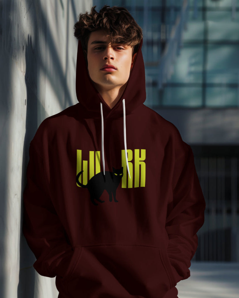 A male white model wearing a 'Lurk Cat Graphical' Maroon Hoodie