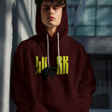 Maroon unisex hoodie featuring a black lurk cat graphic with yellow text, front view.