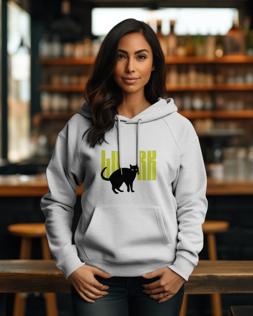 A female model wearing a 'Lurk Cat Graphical' White Hoodie