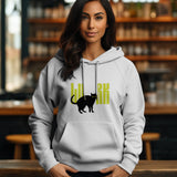 Front view of a unisex white hoodie featuring a black cat graphic and the word 'LURK' in lime green.
