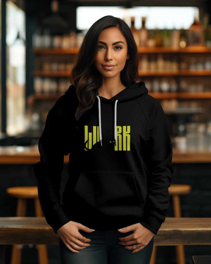 A female model wearing a 'Lurk Cat Graphical' Black Hoodie