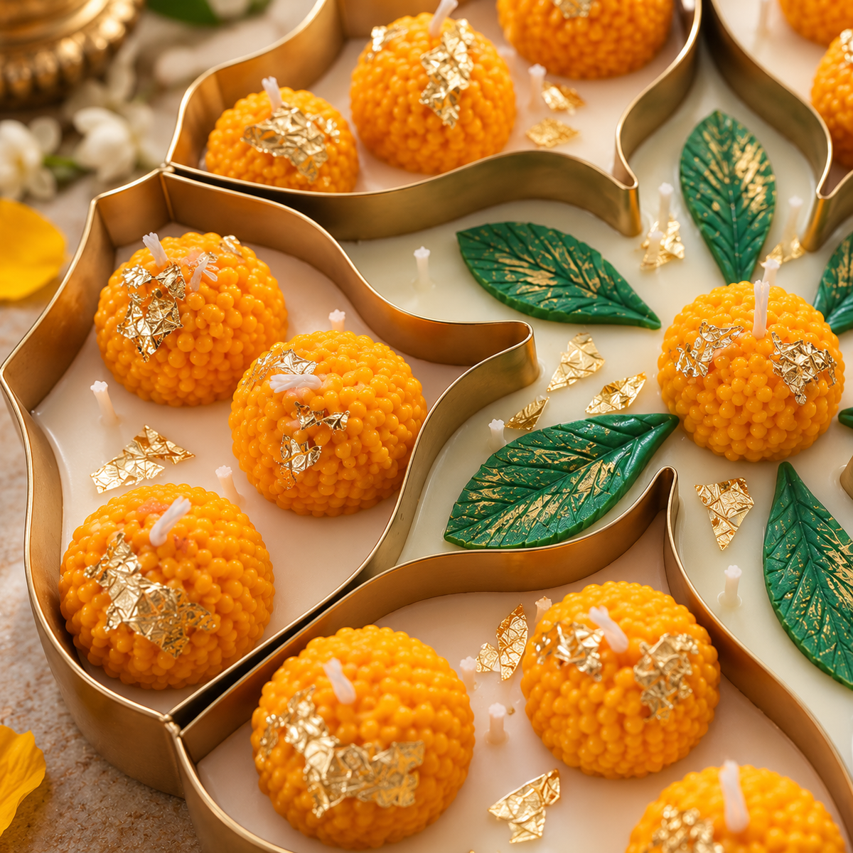 Close-up of handmade motichoor ladoo candles with gold leaf and green wax leaves