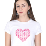 White crop top with a pink heart made of X's and O's, front view.