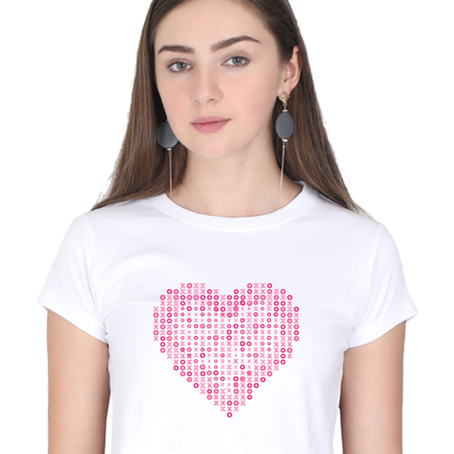 White crop top with a pink heart made of X's and O's, front view.