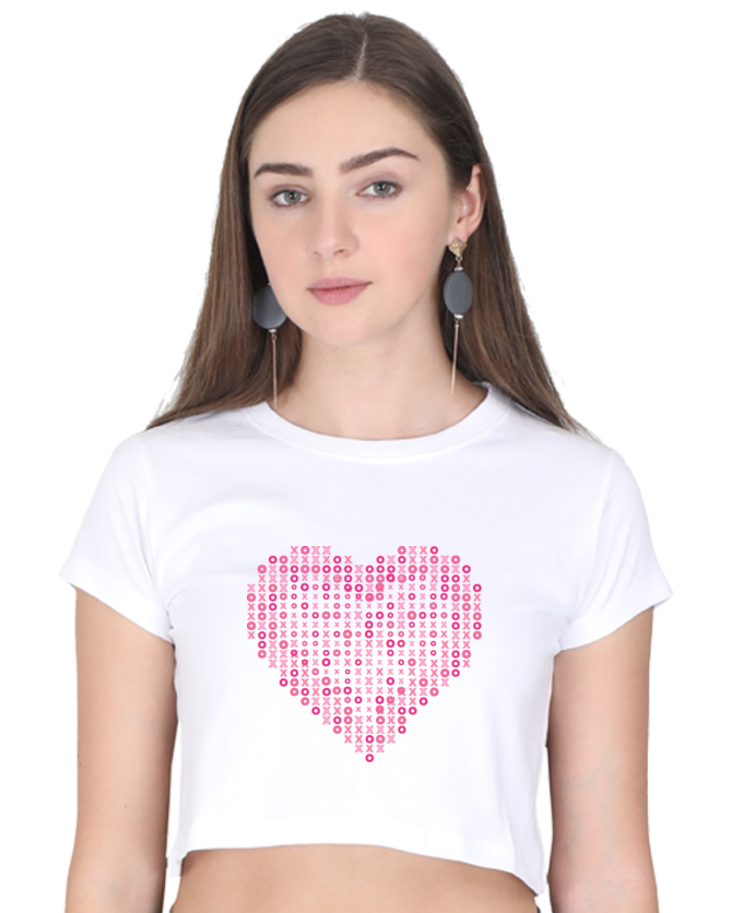 White crop top with a pink heart made of X's and O's, front view.