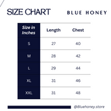 Size chart for Blue Honey Dreamin' Oversized Unisex Hoodie, showing measurements for length and chest in inches for sizes S, M, L, XL, and XXL.