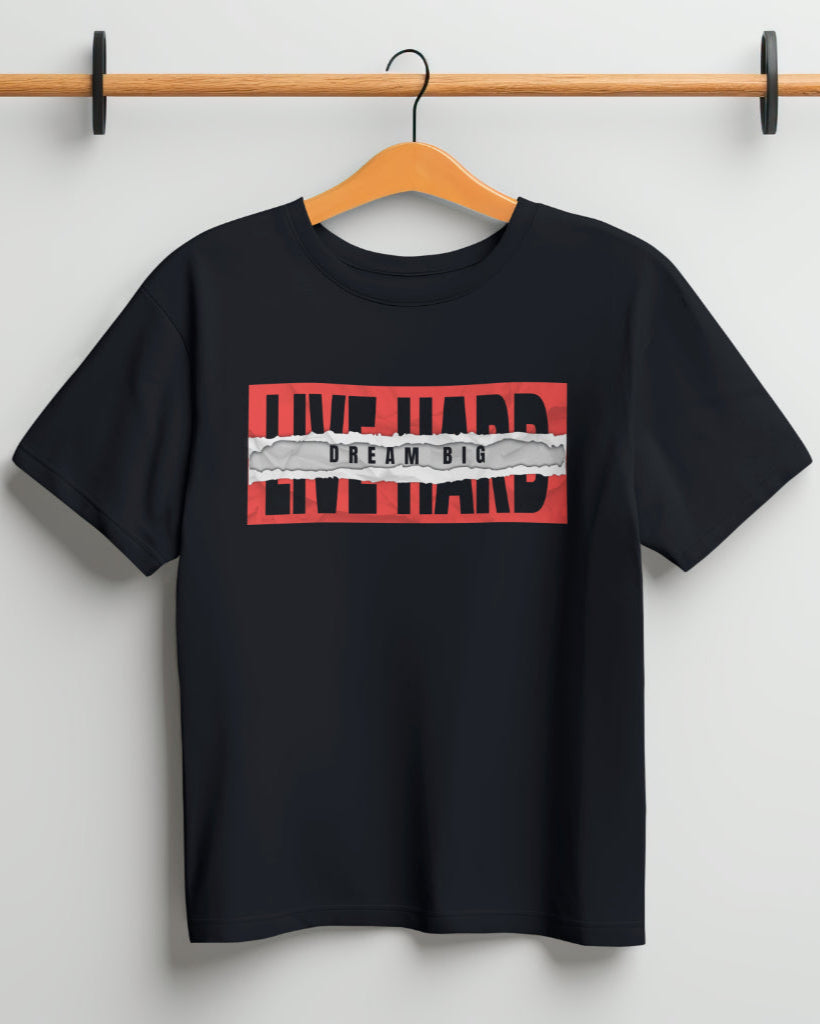 'Live Hard Dream Big' half sleeve black t-shirt on a hanger