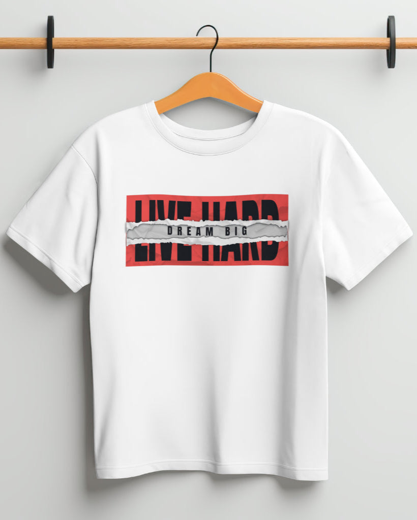 'Live Hard Dream Big' half sleeve white t-shirt on a hanger