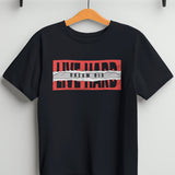 Black unisex t-shirt with 'Live Hard, Dream Big' graphic print, displayed on a hanger.