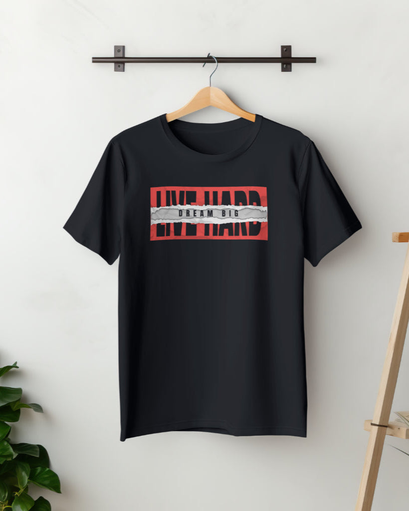 'Live Hard Dream Big' half sleeve black t-shirt on a hanger