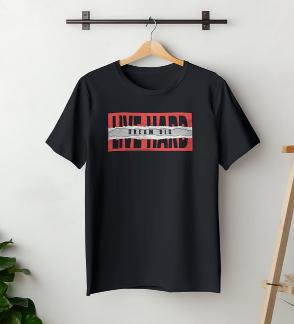 Black unisex t-shirt with 'Live Hard, Dream Big' graphic print on the front.