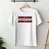 White unisex t-shirt with 'Live Hard, Dream Big' graphic print on the front, displayed on a hanger.