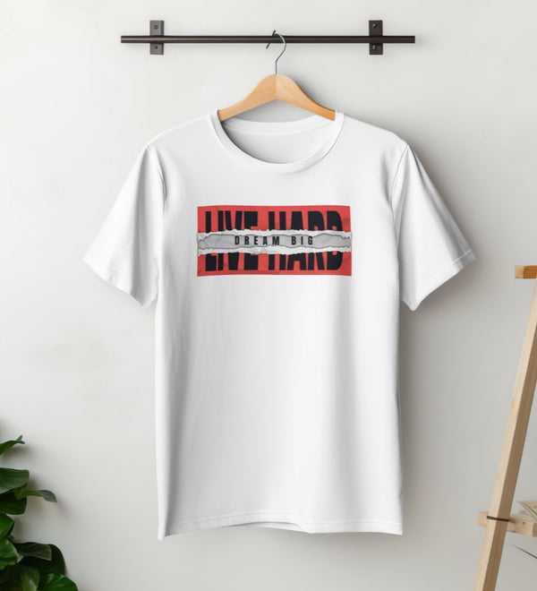 White unisex t-shirt with 'Live Hard, Dream Big' graphic print on the front, displayed on a hanger.