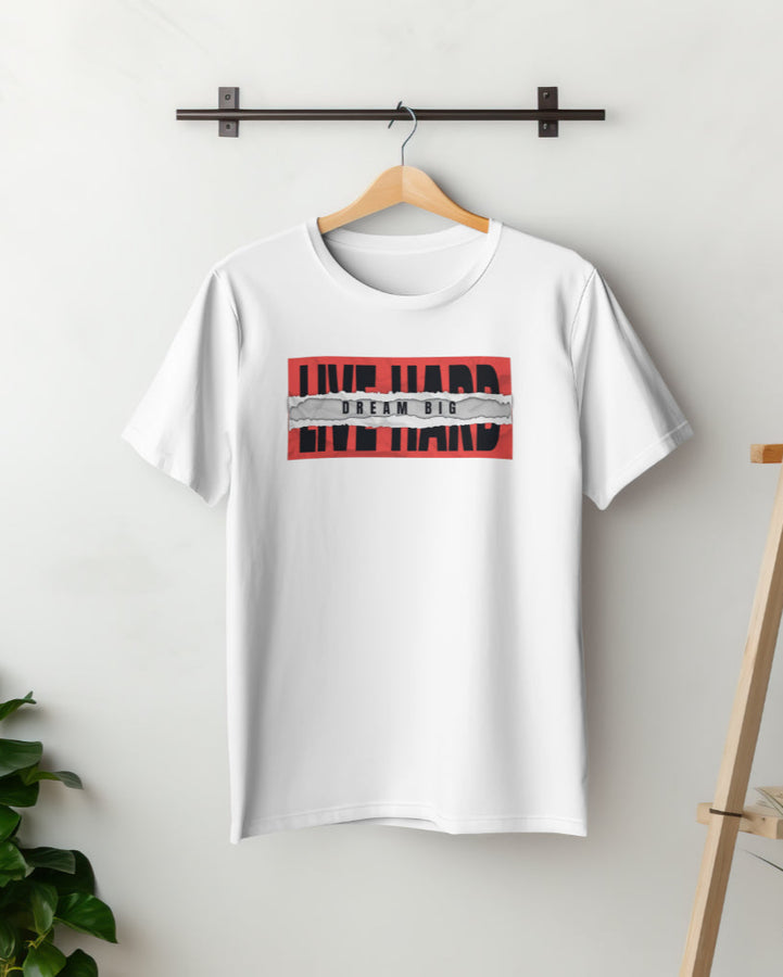 White unisex t-shirt with 'Live Hard, Dream Big' graphic print on the front, displayed on a hanger.