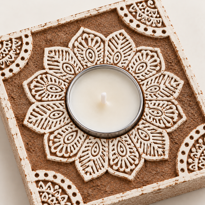 Close-up of the hand block-printed ivory mandala around a soy wax tealight