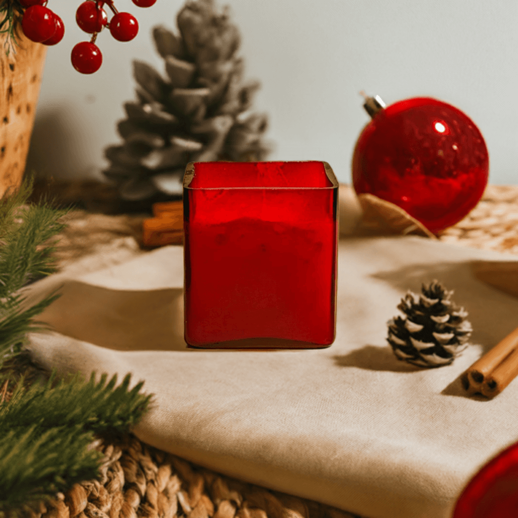 Square red glass candle surrounded by Christmas ornaments.