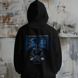 Black unisex 'Grace and Honor' hoodie featuring a samurai meditating in seiza pose on the back.