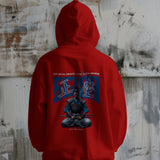 Back view of a red unisex hoodie featuring a samurai graphic with Japanese text and the phrase 'Sit with Grace, Live with Honor'.