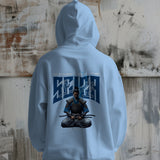 Back view of a light blue unisex hoodie featuring a samurai graphic with the text 'Sit with Grace, Live with Honor'.