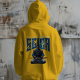 Back view of a yellow 'Grace and Honor' regular hoodie featuring a samurai graphic and Japanese text.
