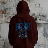 Maroon 'Grace and Honor' hoodie with a back graphic of a samurai meditating, featuring Japanese text and the phrase 'Sit with Grace. Live with Honor.'