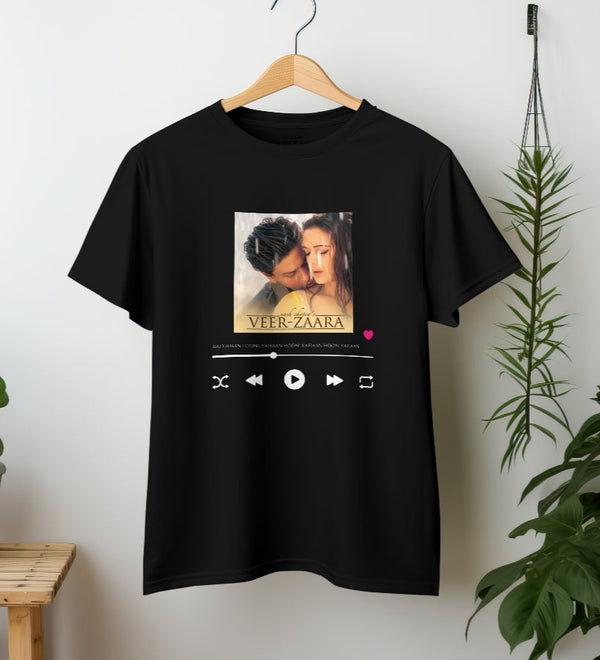 Black oversized unisex t-shirt featuring a graphic inspired by the movie Veer Zaara with song details.