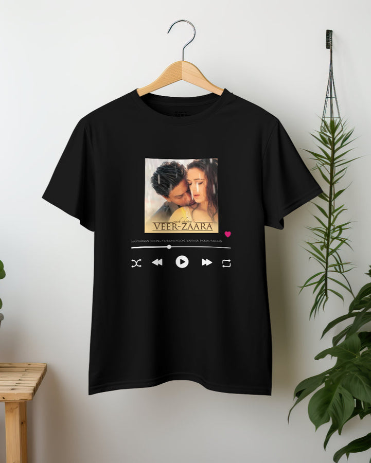 Black oversized unisex t-shirt featuring a graphic inspired by the movie Veer Zaara with song details.