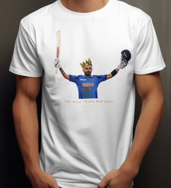 White crew neck t-shirt with a graphic print of Virat Kohli wearing a crown and holding a cricket bat.