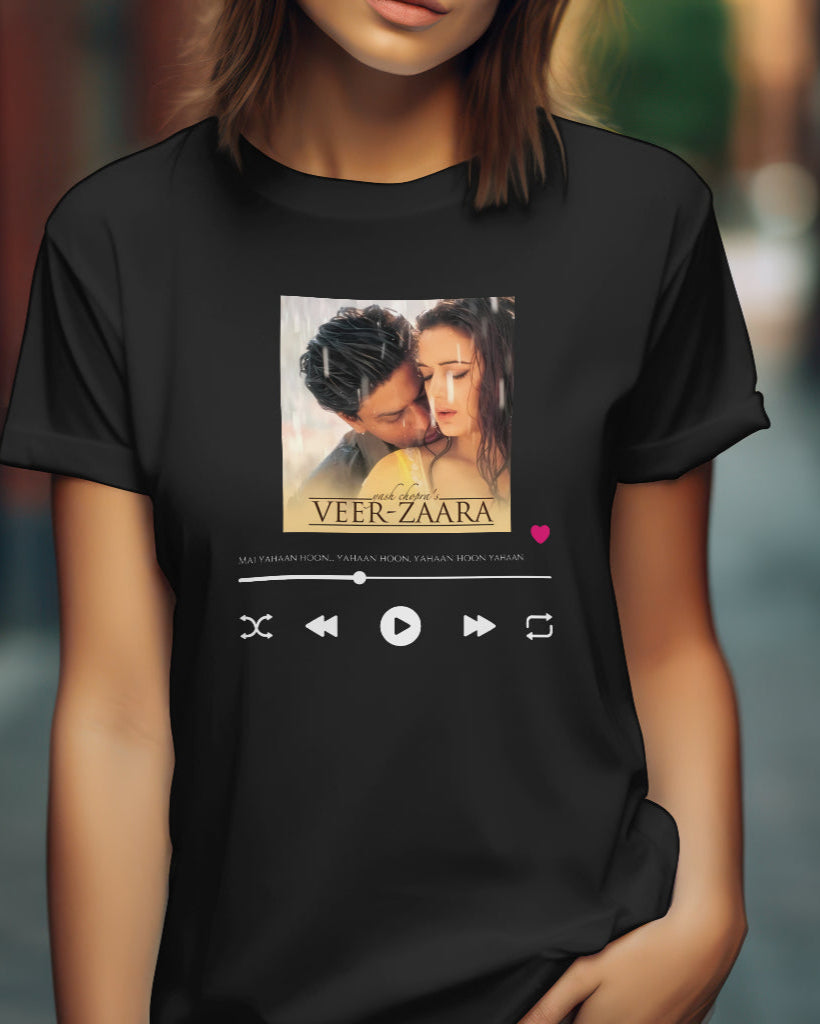 A female model wearing oversized Unisex 'Veer Zaara Graphic' Black T-shirt