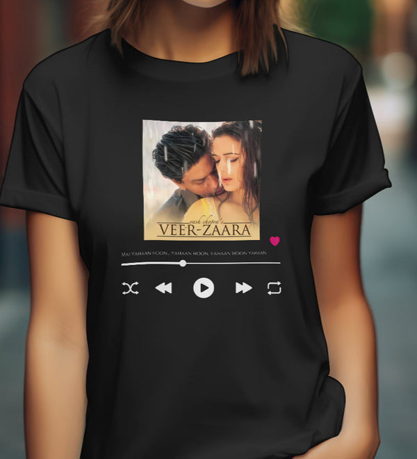 Front view of an oversized black unisex t-shirt featuring a Veer Zaara song graphic with playback controls.