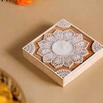 Handcrafted wooden carved tealight holder with intricate floral design, perfect for Diwali or as a gift.