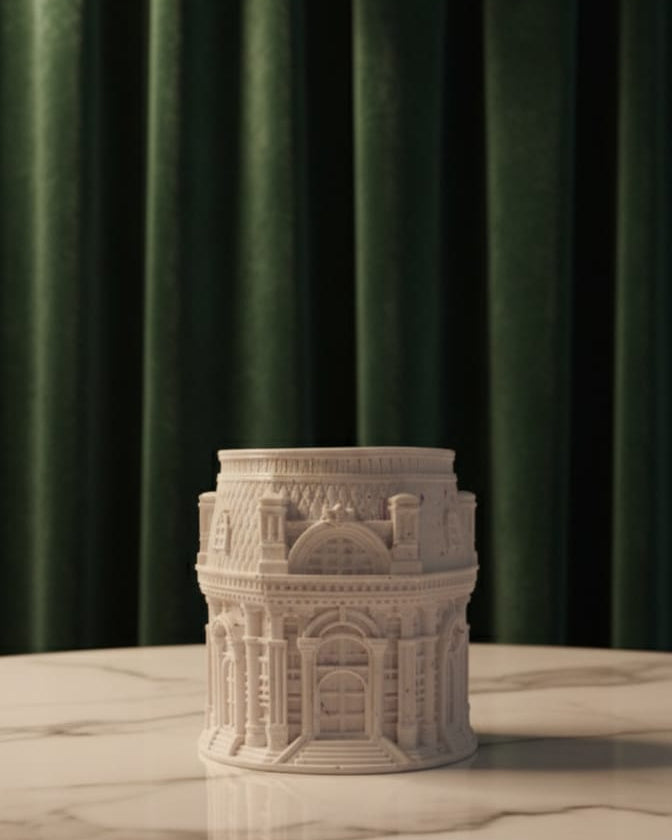 Decorative stone tower candle jar on a marble surface with a green curtain background