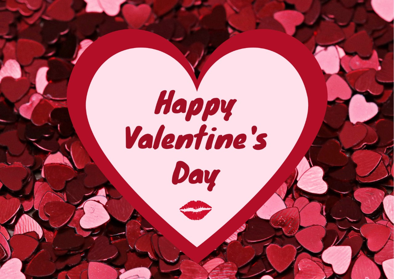 A Valentine's Day greeting card with 'Happy Valentine's Day' text and a kiss graphic, surrounded by red heart confetti.