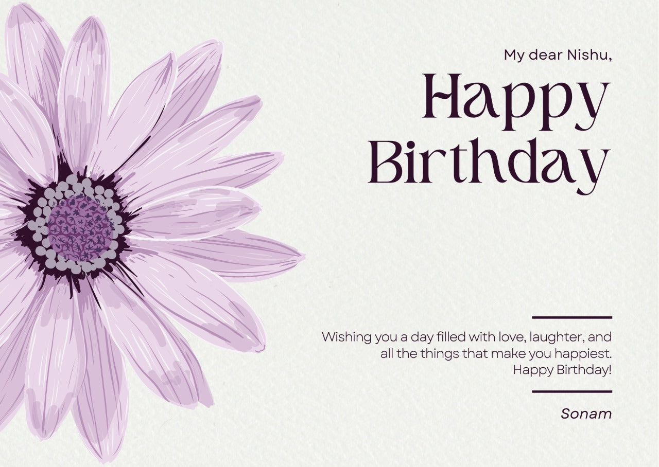A beautiful birthday greeting card featuring a large purple daisy and a heartfelt message.