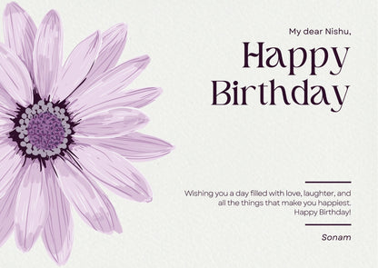 A beautiful birthday greeting card featuring a large purple daisy and a heartfelt message.