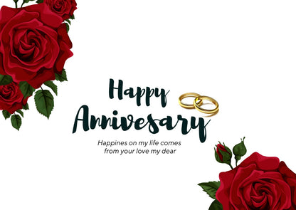 Anniversary greeting card featuring red roses, gold rings, and a heartfelt message.