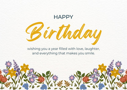 A 'Happy Birthday' greeting card with a floral border and a handwritten-style message.