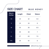 Size chart for Blue Honey t-shirts, showing measurements for length, chest, and sleeve in inches for sizes XS to XXL.