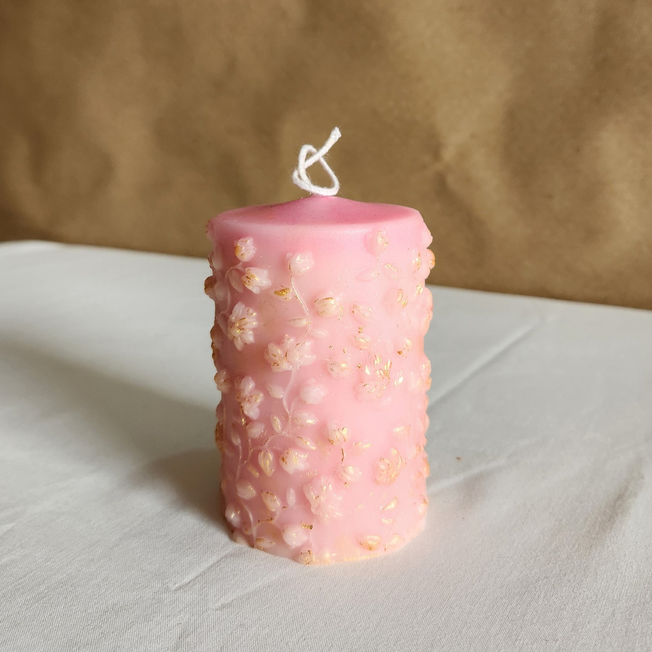 soy-wax-baby-pink-gold-dusted-flower-pillar-candle-4-tall