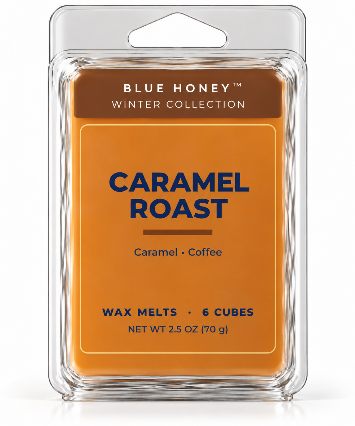 Blue Honey Caramel Roast scented wax melts, 6 cubes in a clamshell, Winter Collection