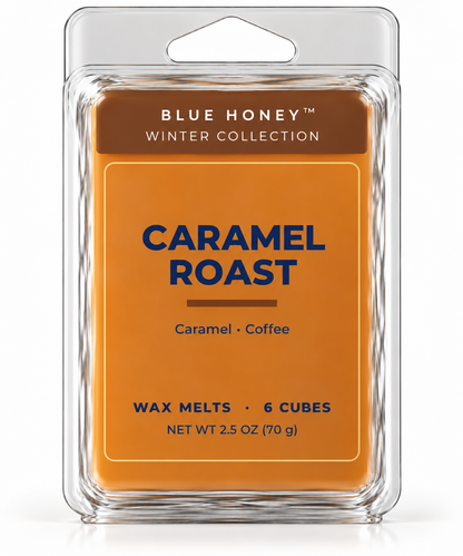 Blue Honey Caramel Roast scented wax melts, 6 cubes in a clamshell, Winter Collection