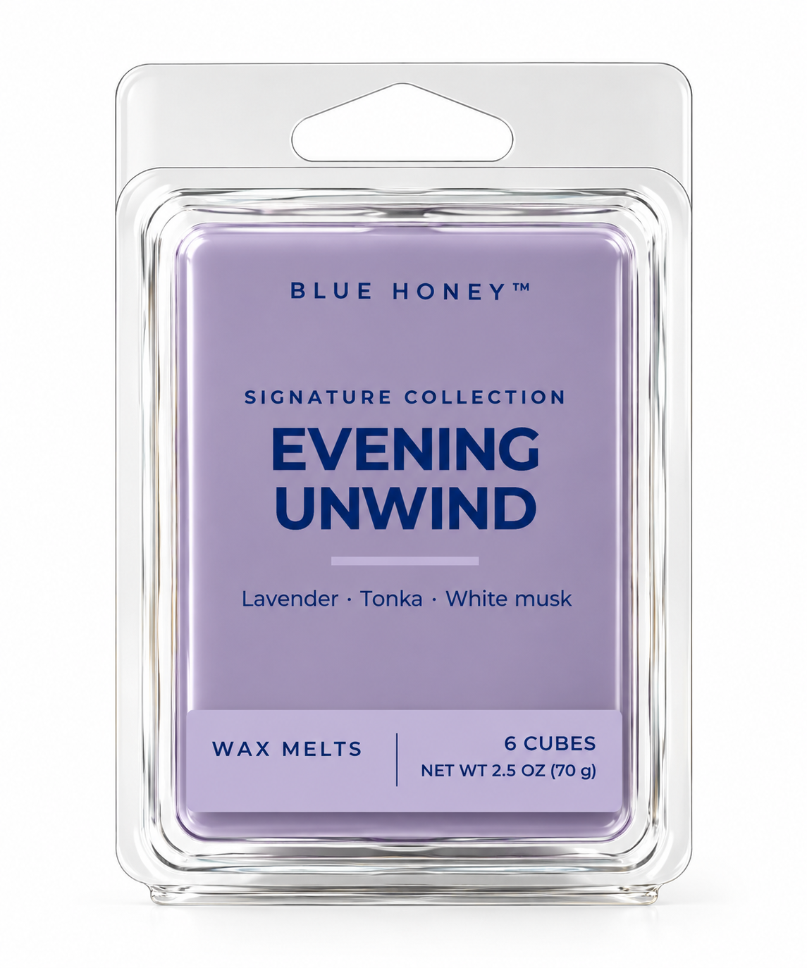 Blue Honey Evening Unwind scented wax melts, 6 cubes in a clamshell, Signature Collection
